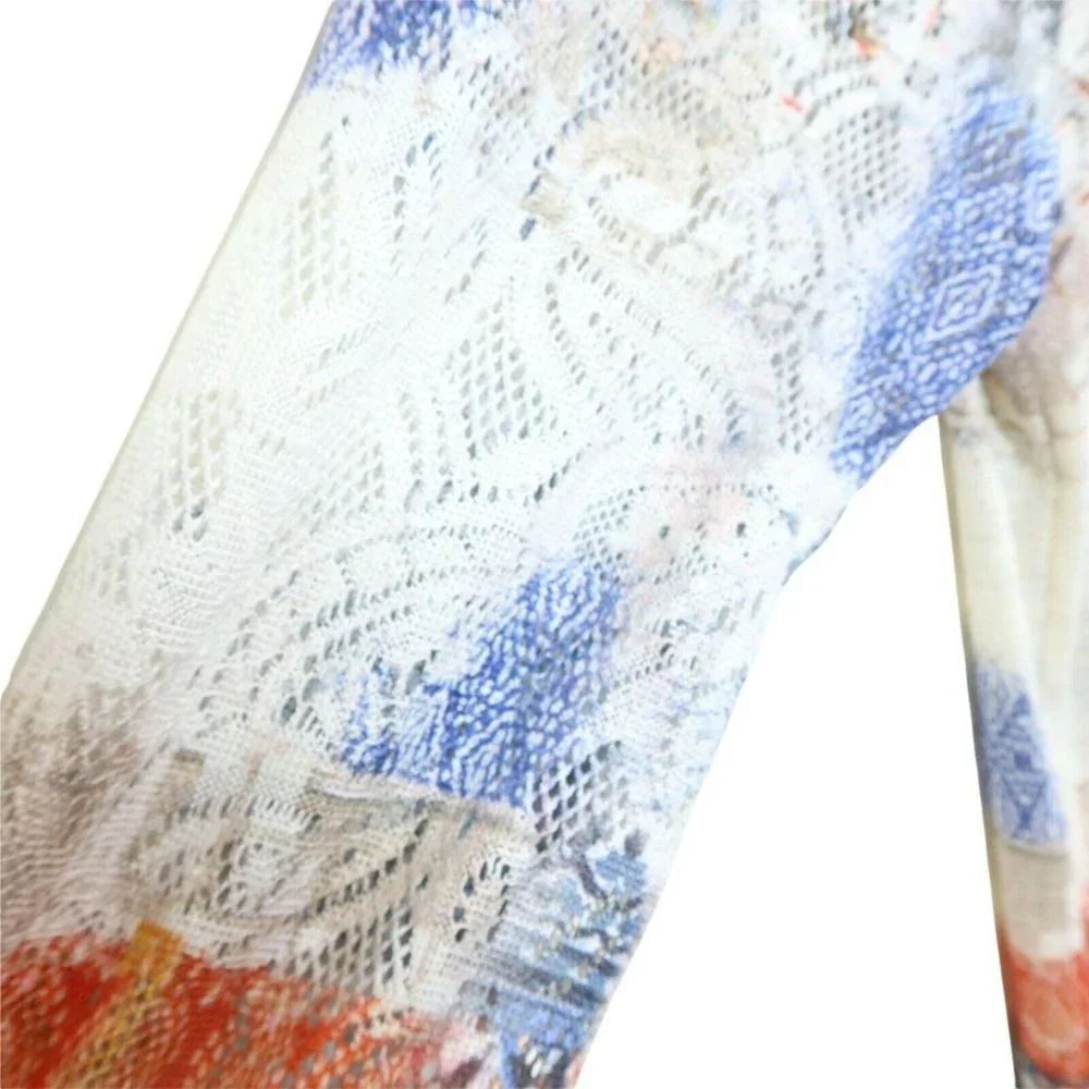 4/$25 CHICOS 1 S/M Blue Orange Abstract Crochet Lace Trim Sleeve High Low Top - Picture 4 of 5